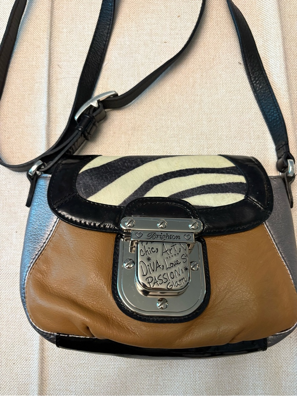 Brighton Zebra-Accent Leather Crossbody in Black, Tan & Cream - Picture 4 of 13